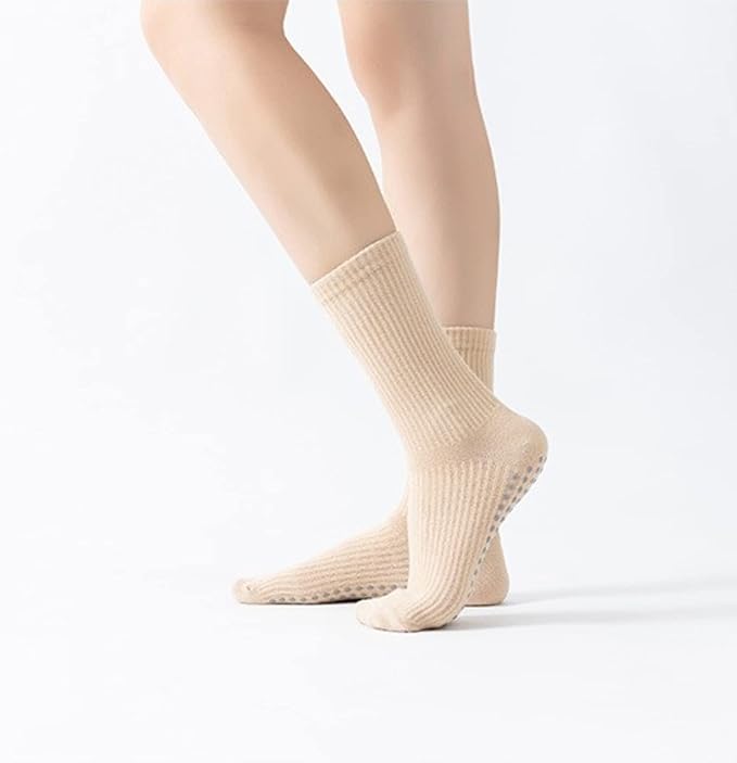 Yoga Pilates Socks with Grips for Women Non Slip Solid Colored Cushioned Crew Compression Socks for Barre Ballet Dance