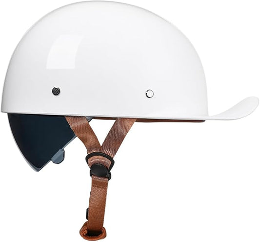 Vintage Retro Open Face Motorcycle Helmet Baseball Cap Half Helmets with pull-down Lens for Men Women Moped Cap Jet Scooter Street Cruiser - DOT Certified (White,XX-Large)