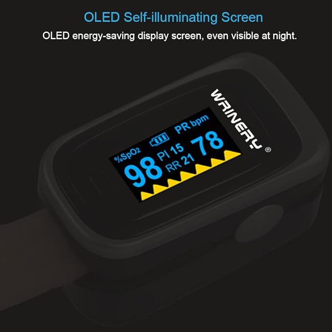 WRINERY Oxygen Saturation Monitor, Pulse Oximeter Fingertip, Oxygen Monitor, O2 Saturation Monitor, OLED Portable Oximetry with Batteries, Lanyard (Silver-White)