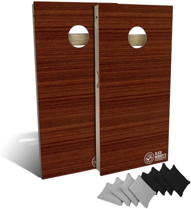Slick Woody's Professional-Grade Cornhole Boards - 4'x2' Solid Wood Regulation Woodgrain Flag Bean Bag Toss Game with 8 Resin Filled Bags