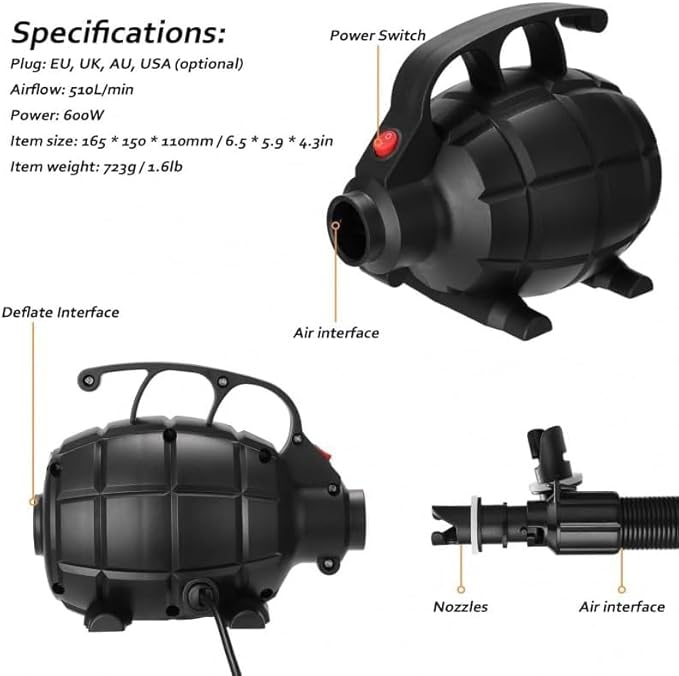Walfront Air Pump JZ-505, 17000pa 600W High Pressure HighCapacity Multifunction Electric Pump for Inflatables Air Mattress Used for Large Inflatable Equipment (American Standard (AC110-120V))