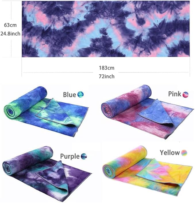 Tie-Dye Hot Yoga Towel with Non-Slip Grip Dots, Microfiber Yoga Mat Sweat Absorbent Mat Cover for Yoga, Pilates, & Workouts - 72" x 24.8", Free Carry Bag (Blue)