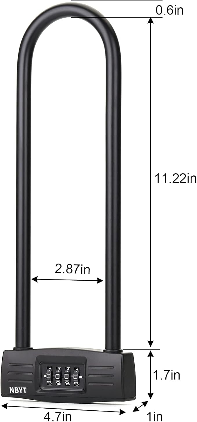 U Bike Lock - Heavy Duty Combination Lock for Motorcycle Wheel, Office Door, Fence & Gate - Resettable, Long Combination U-Lock in Black - Steel/Zinc/PVC Construction - 13.78 x 4.7 x 1.1 Inches