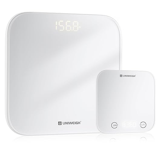 Kitchen and Bathroom Bundle-Digital food scale for Ounces and Grams11lb,Slim body weight Scale 400lb,Tempered glass,touch button LCD display,Precise Weight Measuring and Portion Control,white