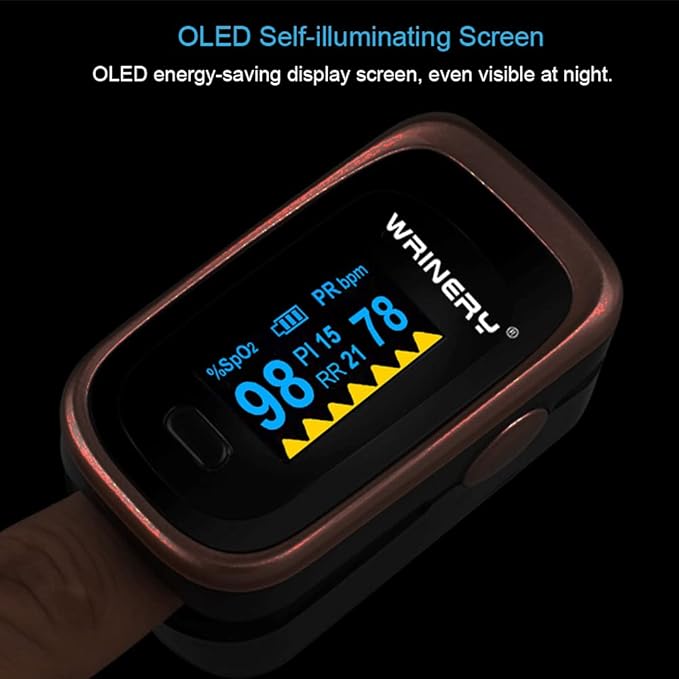 Oxygen Saturation Monitor, Wrinery Premium Pulse Oximeter Fingertip, Oxygen Monitor, O2 Saturation Monitor, OLED Portable Oximetry with Batteries, Lanyard (Rose gold-Royal black)