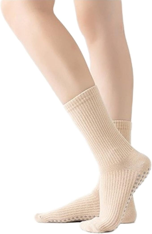 Yoga Pilates Socks with Grips for Women Non Slip Solid Colored Cushioned Crew Compression Socks for Barre Ballet Dance