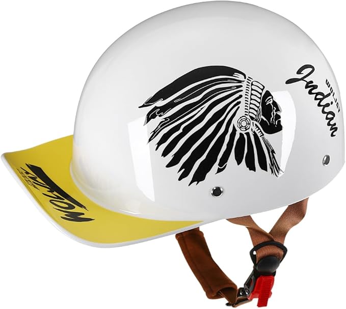 Vintage Retro Open Face Motorcycle Helmet Baseball Cap Half Helmets with pull-down Lens for Men Women Moped Cap Jet Scooter Street Cruiser - DOT Certified (Indian-White,Medium)