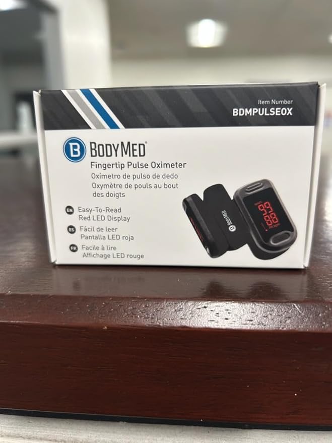 BodyMed Fingertip Pulse Oximeter Blood Oxygen Saturation Monitor with LED Display - Lightweight and Easy to Use - Lanyard and Batteries Included