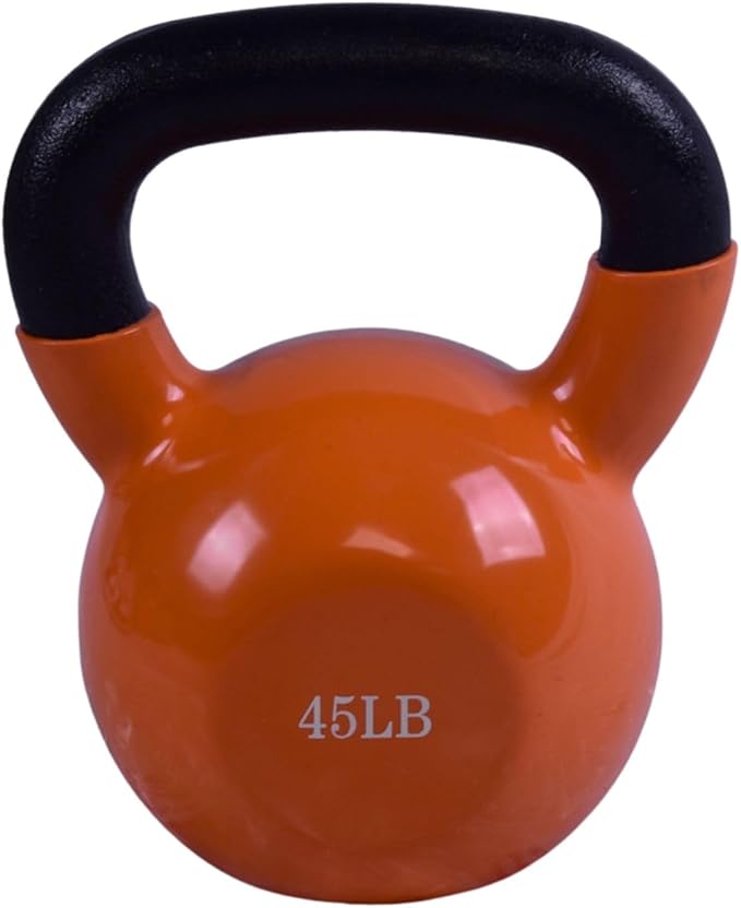 BESEA Orange Vinyl Coated Kettlebell 20~45LBS, Wide Grip Handle, Stable Flat Base, Strength Training, Durable kettle bells