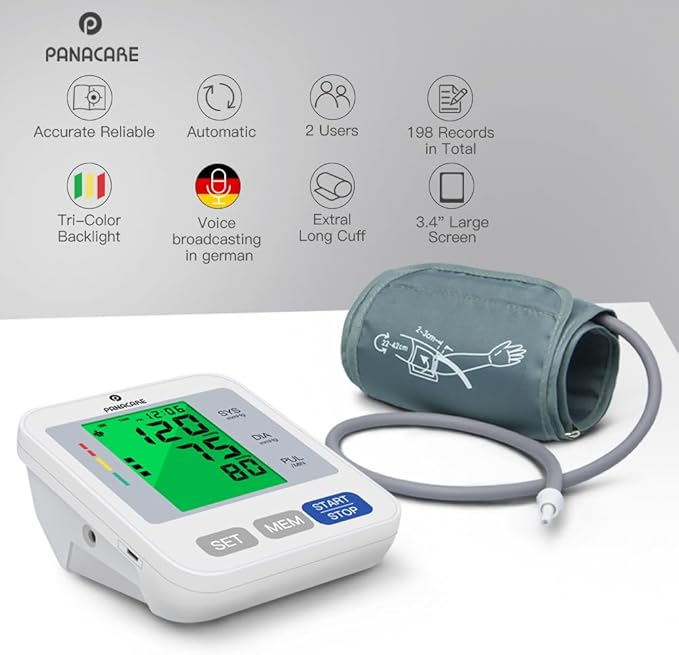 Blood Pressure Monitor Upper Arm Blood Pressure Machine for Home Use BP Cuff Kit, Large 3-Color 3.4'' Display with Backlight,Pulse Rate Detection Meter with Cuff 22-42cm/2×99 Sets Memory