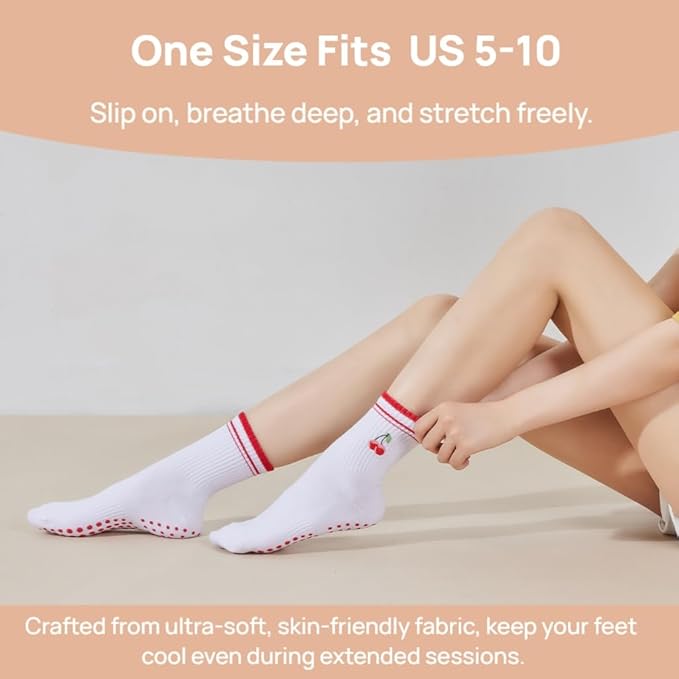EUDOLAH Cute Yoga Socks for Women Pilates Barre Breathable Non-Slip Crew Grip Sock With Stripes Anti-friction Athletic Socks
