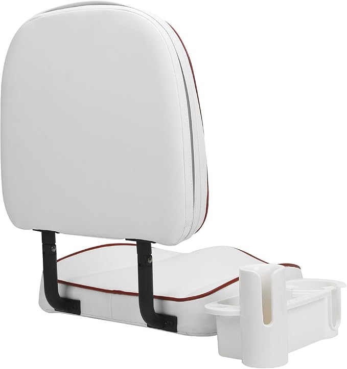 Folding Boat Seat Low Back Fishing Boat Seats with Caddy Organizer, White/White/Red