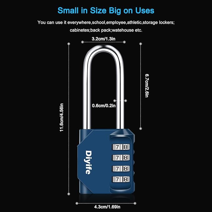 2.6in Long Combination Padlock, Waterproof 4 Digit Combination Lock, Weatherproof Metal & Galvanized Steel, Dark Blue