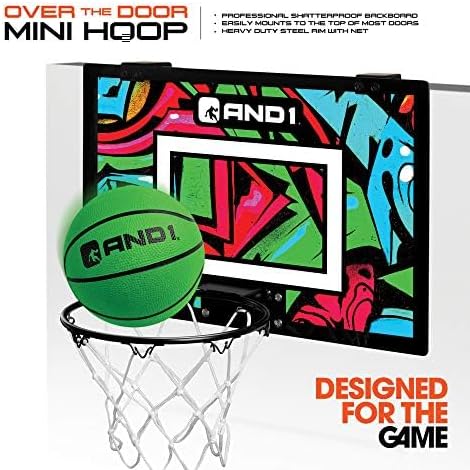 AND1 Over the Door Mini Basketball Hoop: 18x12 Shatterproof Backboard, 2 Mini Basketballs, and Hand Pump Included- Ultimate Indoor Basketball Accessory for Kids and Adults, No Tools Required