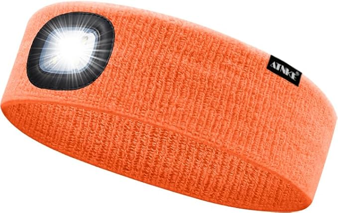 ATNKE 4 LED Lighted Sport Sweatband,USB Rechargeable Running Head Band Lamp High Stretch Wicking Gifts for Men and Women