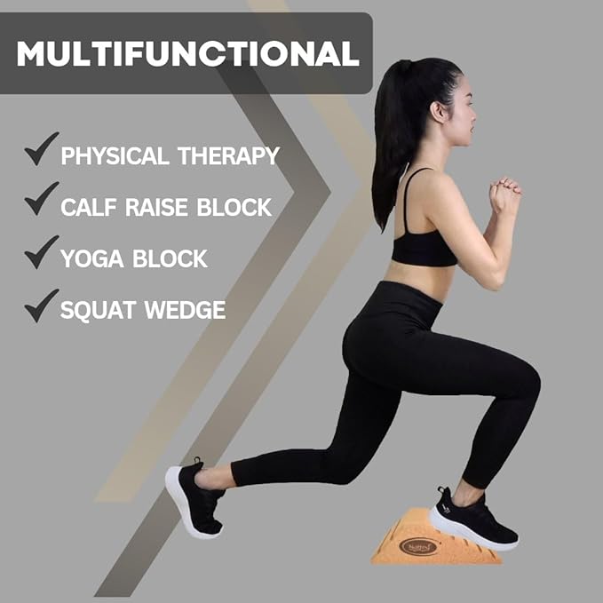2025 NEW LARGER and Improved quality ECO-Friendly HIGHEST DENSITY Cork Squat Wedge Block Heel Calf Raise Platform NON-SLIP Slant Board Ramp Fitness Workouts Yoga Weightlifting exercise BAND 3 PIECES