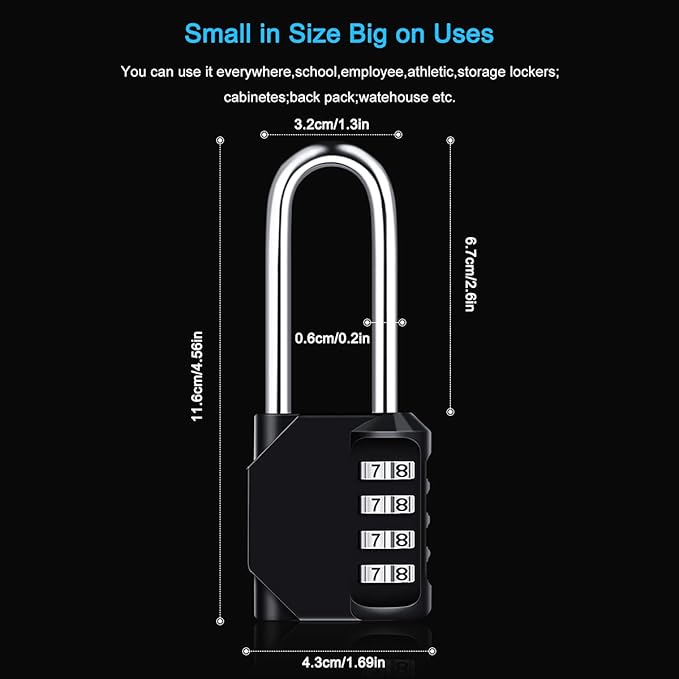 2 Pack 2.6in Long Combination Padlock, Waterproof 4 Digit Combination Lock, Weatherproof Metal & Galvanized Steel, for Schools, Gyms and Lockers, Black