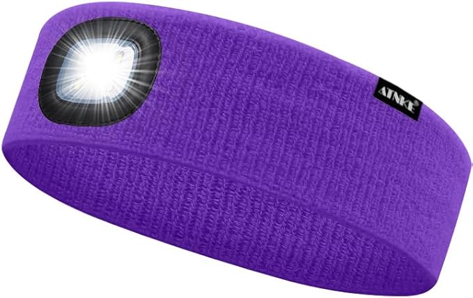 ATNKE 4 LED Lighted Sport Sweatband,USB Rechargeable Running Head Band Lamp High Stretch Wicking Gifts for Men and Women
