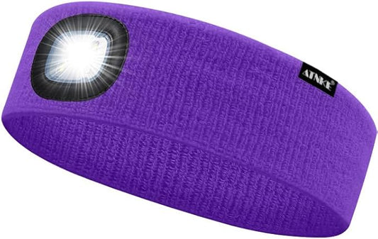 ATNKE 4 LED Lighted Sport Sweatband,USB Rechargeable Running Head Band Lamp High Stretch Wicking Gifts for Men and Women