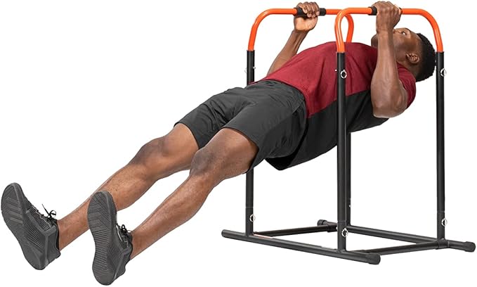 Sunny Health & Fitness Power Tower, Dip Bar, Push-Up & Pull Up Assisting Parallette Station w Optional Rock Climbing Grip Trainer