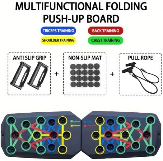 Multifunctional Push-Up Board Set – Foldable 25’’ Push-Up Bar System with Color-Coded Muscle Training Zones, Resistance Bands, Anti-Slip Handles & Non-Slip Mat – Home Gym Equipment for Chest, Back, Arms, Shoulders