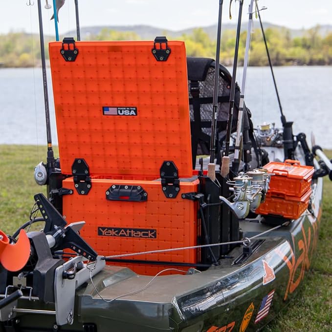 YakAttack BlackPak Pro 16" x 16" Kayak Fishing Crate with 6 Rod Holders - Orange | Tackle Storage Box & Fishing Gear Organizer | Lightweight, Durable & Customizable Kayak Fishing Accessory