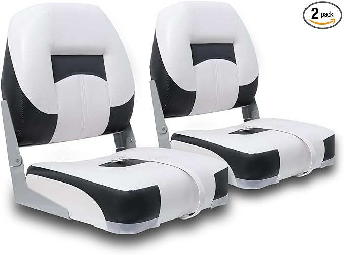 Deluxe A Pair of Marine Low Back Folding Fishing Boat Seat, Stainless Steel Screws Included, White/Black