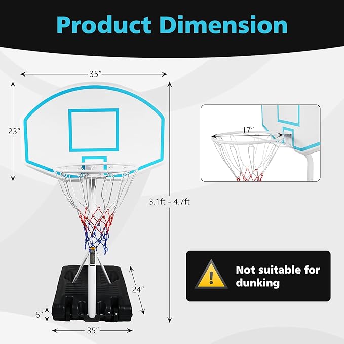 Pool Basketball Hoop, Adjustable Poolside Basketball Hoop with Wheels, Outdoor Height Adjustable Swimming Pool Basketball Goal Set, Perfect for Swimming Pool & Home Play