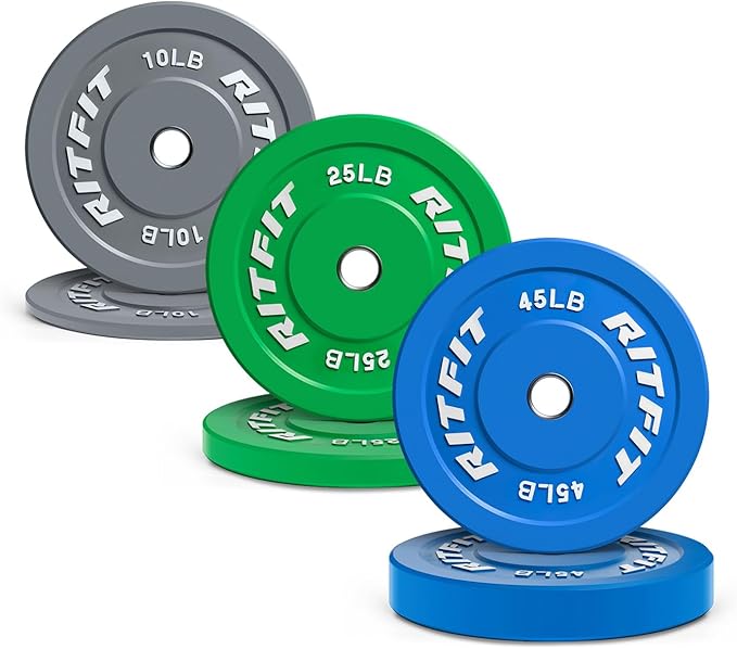 RitFit Color Coded Olympic Bumper Plate for Barbell - 2-Inch Weight Plates With Steel Insert, Rubber Weights for Strength Training in Home Gym