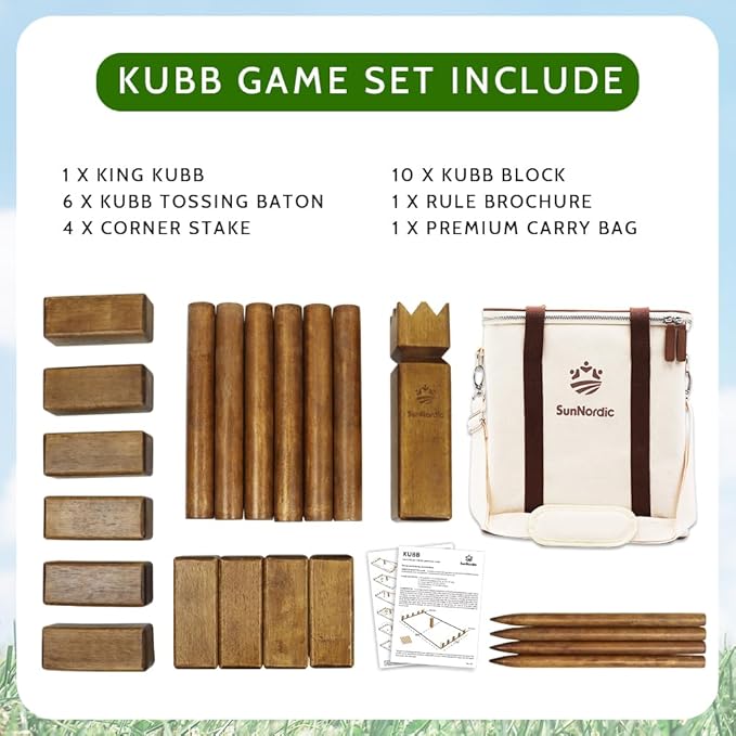 Kubb Yard Game Set, Garden Rubber Wood Outdoor Tossing Game with Canvas Carry Bag, Giant Viking Outdoor Chess Game for Kids, Adults & Backyard Lawn
