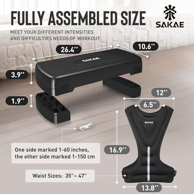 SAKAE Aerobics Step Platform Set with Weighted Vest & Measuring Tape, Adjustable Height 2 Level Risers Workout Step Trainer with Non-Slip Surface, Step Platform for Home Exercise, Multiple Colors