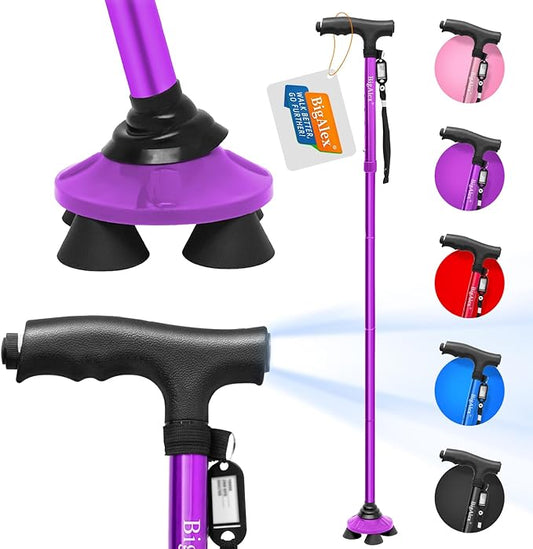 BigAlex Folding Walking Cane with LED Light,Pivoting Quad Base,Adjustable Walking Stick with Carrying Bag for Men/Women