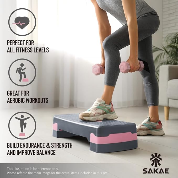 Adjustable Height Aerobic Stepper Set, Multiple Bundle Options with Dumbbells, Kettlebell, Waist Trimmer, Ankle Weights or Weighted Vest, Workout Exercise Step Platform w/Level Risers, 4 Colors