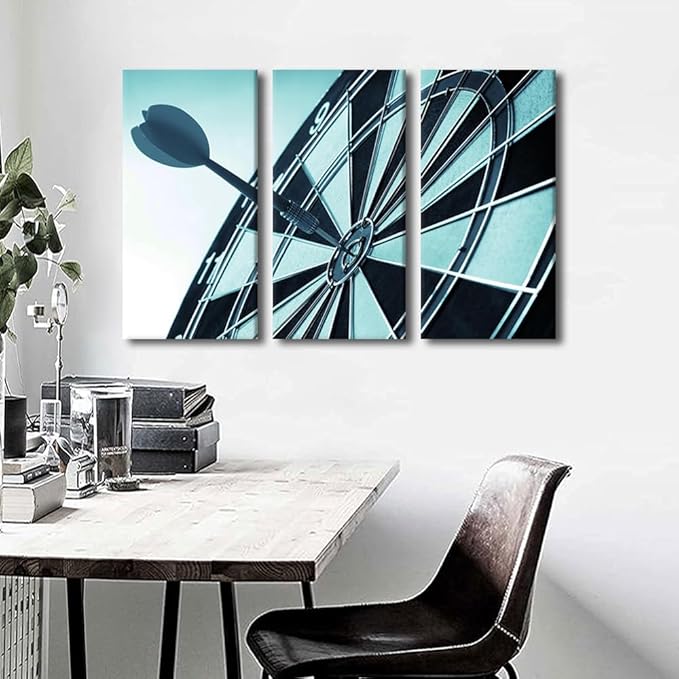 Dart Board Pictures Wall Art 3 Piece Dart Hits the Bullseye Rustic Decor Artwork Contemporary Home Decor for Living Room Bar Club Sports Theme Posters and Prints Framed Ready to Hang(24" Wx36 H)