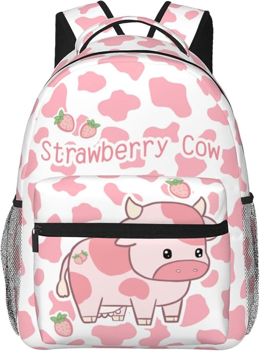 Cute Pink Strawberry Cow Print Backpack for Boys Girls Bookbags Lightweight Adjustable Elementary Middle High School Bags for Kids Children Teenagers Travel Daypack Laptop Hiking Backpacks