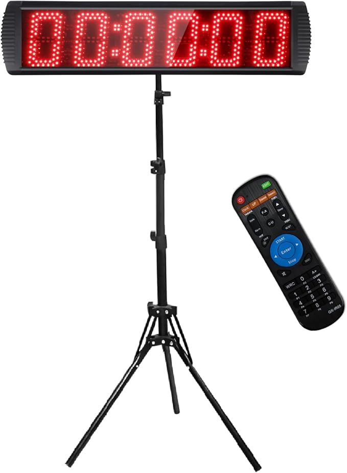 Portable 5 inch High 6 Digits LED Race Clock with Tripod for Running Events, Countdown/up Digital Race Timer, 12/24-Hour Clock,LED Stopwatch by Remote Control