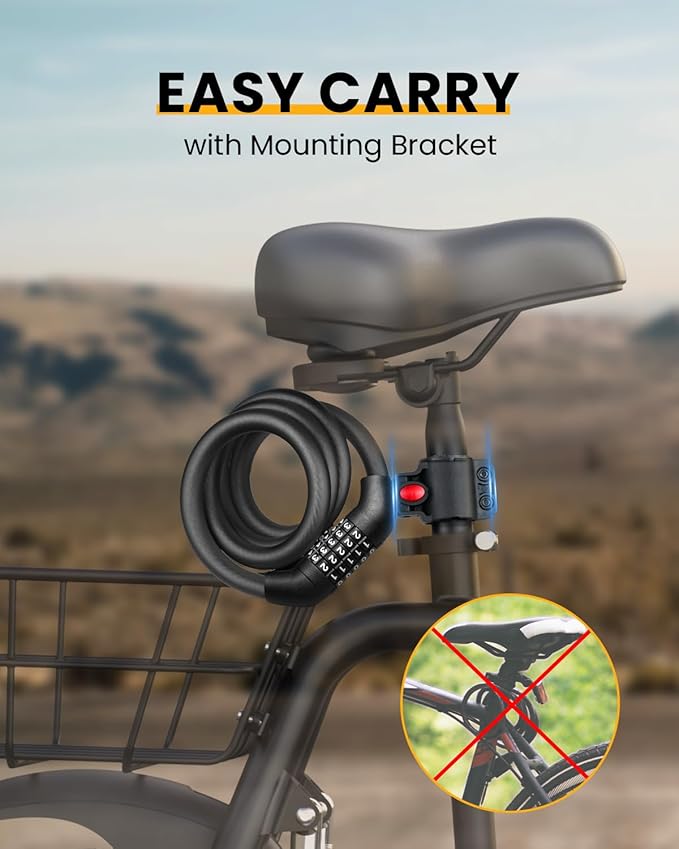 Bike Lock Cable with Combination, Heavy-Duty 5-Digit Combination Cable Lock for Bike & Scooter – Resettable Code, Anti-Theft Security Design with Mounting Bracket Included