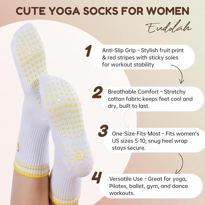 EUDOLAH Cute Yoga Socks for Women Pilates Barre Breathable Non-Slip Crew Grip Sock With Stripes Anti-friction Athletic Socks
