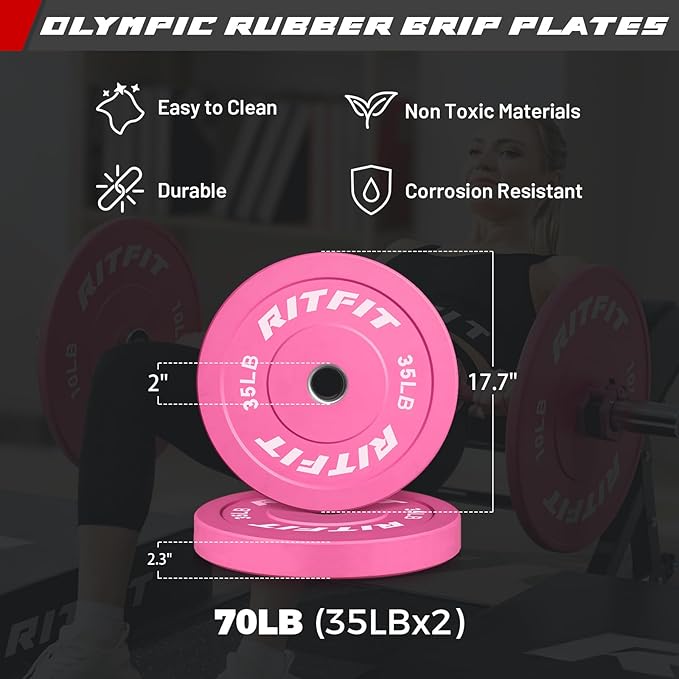 RITFIT Pink Weight Plates, 2 Inch Olympic Barbell Weight Plate, Bumper Plates With Steel Insert, Pink Weights for Gym and Home