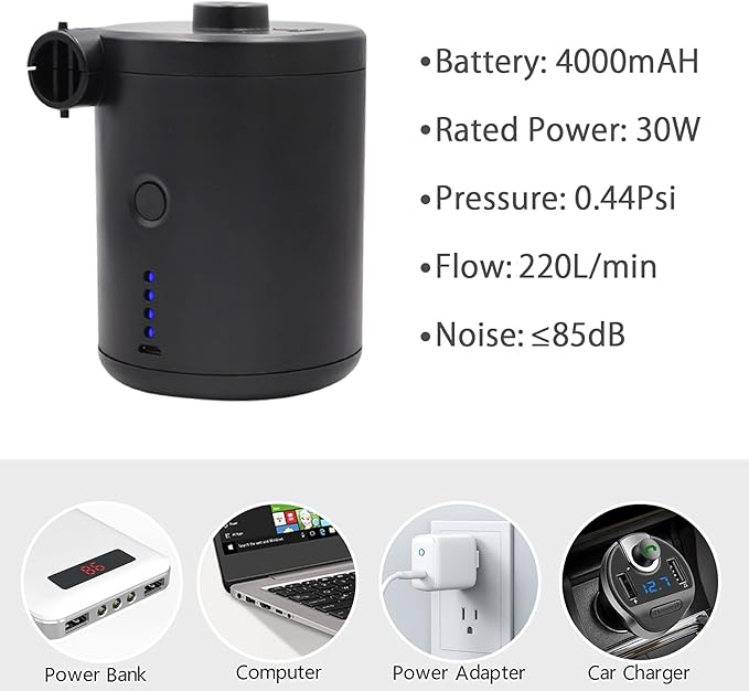 3T6B USB Rechargeable Air Mattress Pumps, Portable Air Pump with 4 Nozzles for Outdoor Camping, Air Mattress, Inflatable Couch, Pool Toy