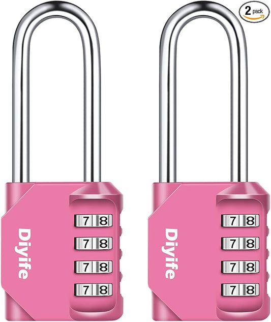 2.6 Inch Long Shackle Combination Lock, Diyife 4-Digit Outdoor Waterproof Padlock, Plated Steel Combination Clasp with High Security, Schools, Gyms & Lockers, Pink