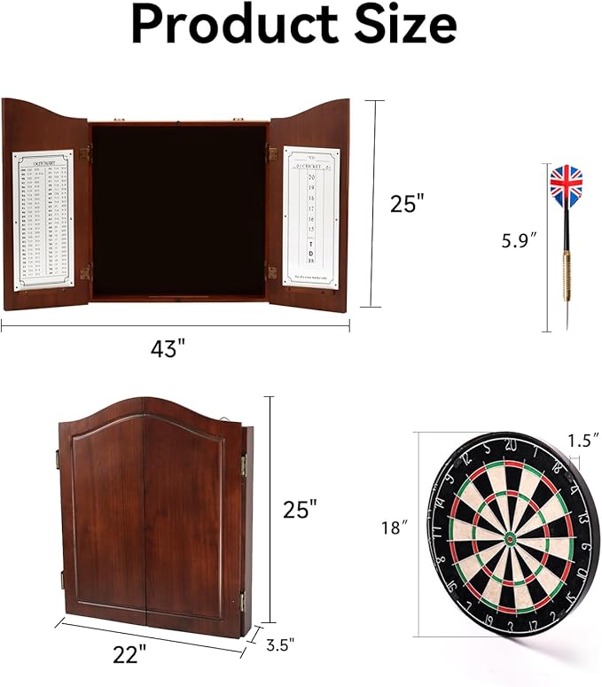 GSE Games & Sports Expert Professional Solid Wood Classic Dartboard Cabinet with Sisal/Bristle Dartboard, Scoreboard, and 6 Steel Tip Darts, Easy Assembly Complete with All Accessories (Deluxe Walnut)
