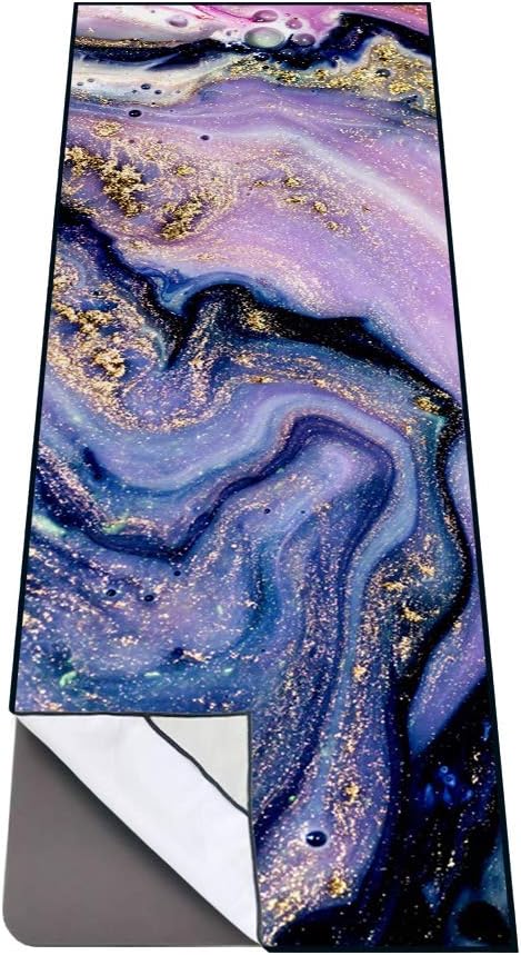 QiyI Yoga Mat Towel with Corner Pockets, Non Slip Sweat Absorbent Hot Yoga Towels, Soft Yoga Blankets with Travel Bag, Skidless Mat Cover for Workout, Gym, Fitness - 74"x26", Purple Gold Marble