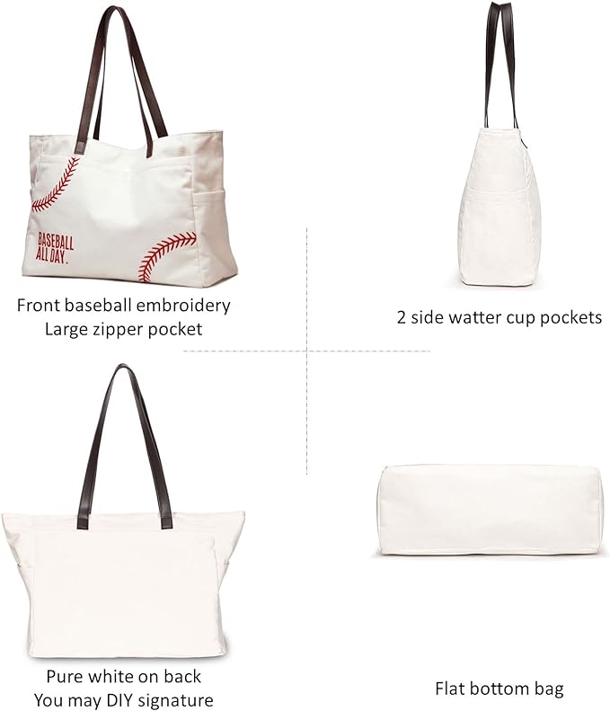 XL Baseball Mom Tote Bags For Women Canvas Utility Purse Handbag with Pockets