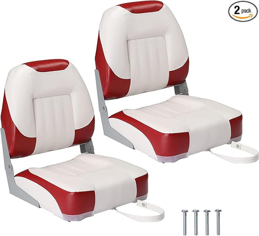 PEXMOR Boat Seats Low/High Back, Folding Boat Seat Included, Fold-Down Fishing Boat Seats Waterproof Captain Boat Seat w/Aluminum Hinges & Thick Soft Cushion, 2 Packs (Low Back-Red & White)