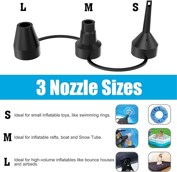 Electric Air Pump, 110V AC/12V DC Portable Air Mattress Two-Way Universal Inflator Pump for Inflatables Pool, Airbeds, etc with 3 Nozzles and Storage Bag