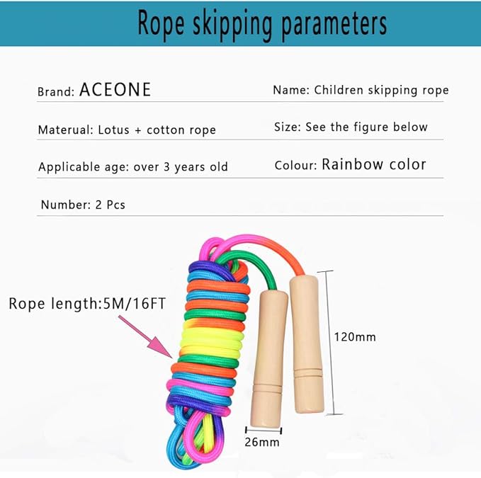 16 FT Long Jump Rope for Kids, 2 Pack Adjustable Double Dutch Skipping Rope with Wooden Handle, Multiplayer Rainbow Jumping Rope for Outdoor Fun, School Sport, Party Game
