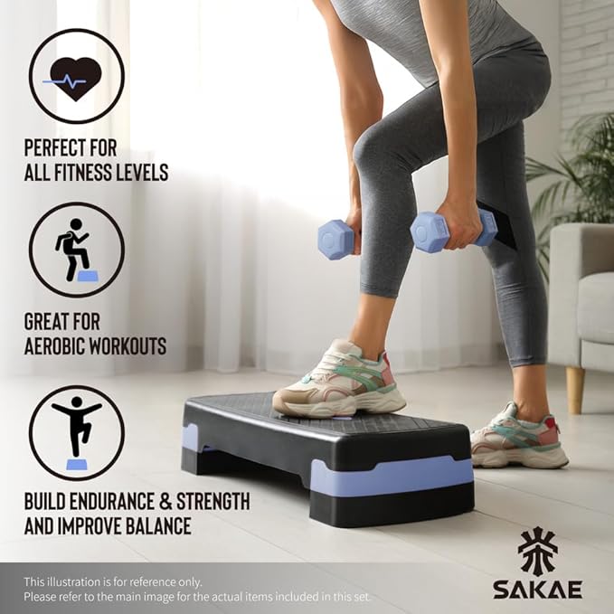 Adjustable Height Aerobic Stepper Set, Multiple Bundle Options with Dumbbells, Kettlebell, Waist Trimmer, Ankle Weights or Weighted Vest, Workout Exercise Step Platform w/Level Risers, 4 Colors