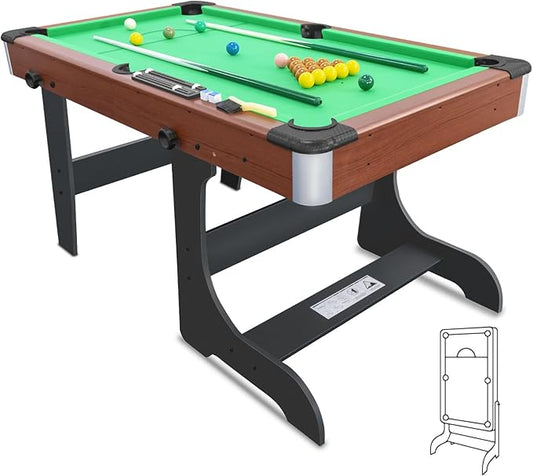 60-Inch Compact Folding Pool Table - No Assembly Required with Full Set of Balls, 2 Cues, Chal k and Brush for Indoor Family Games