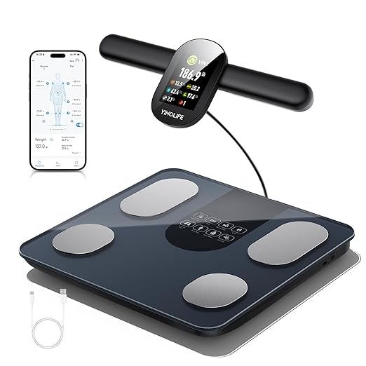 Scale for Body Weight, 8 Electrode Smart Bathroom Scale with BMI Body Fat Muscle Mass 28 Full Body Composition, High Precision Digital Weight Scale with Handle Display, Rechargeable, 400 lbs